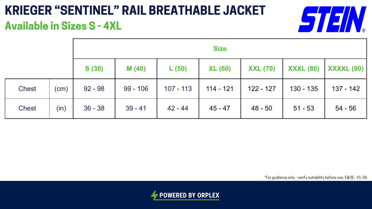 A size chart table for the Krieger 'Sentinel' Rail Breathable Jacket by Stein