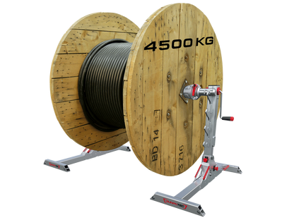 RUNPOTEC Silver and red  RUNPOLIFTER 4500 – 4.5t Cable Drum Lifter in use lifting a cable drum