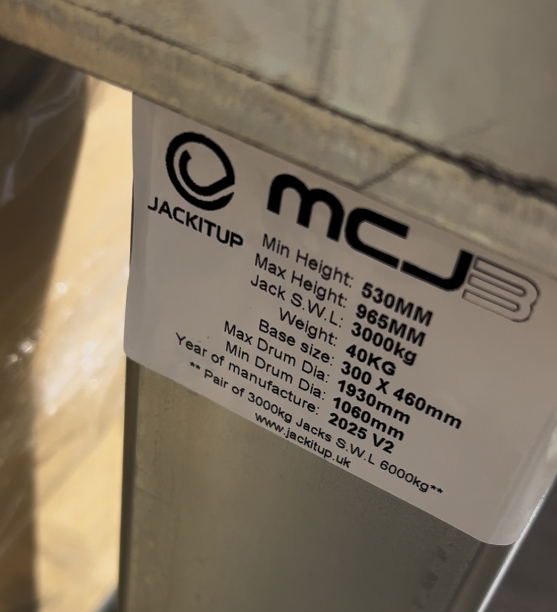 MCJ3 Mechanical Cable Reel Jack Sets - Close up of ID Label showing Technical Specifications