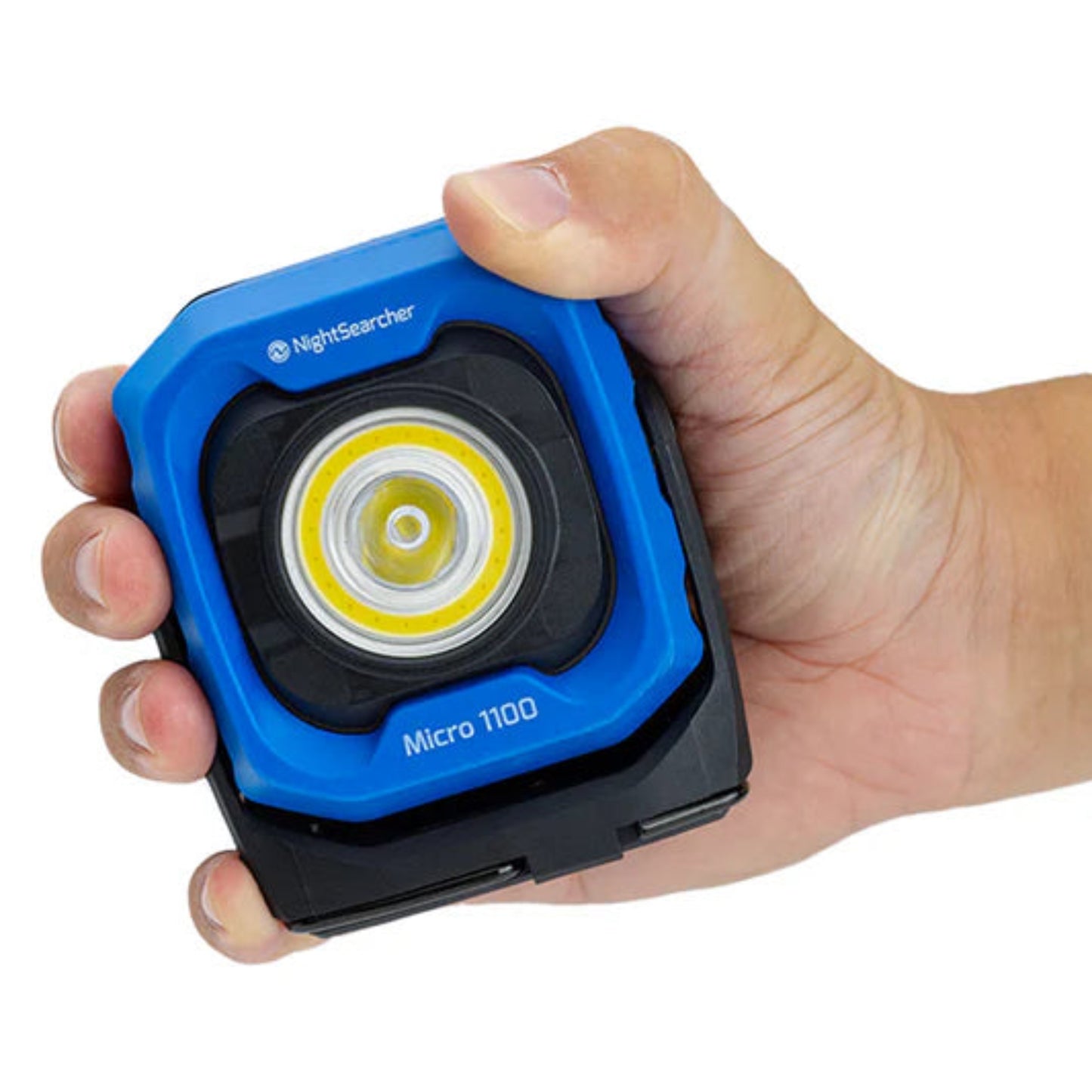 Blue and Black NightSearcher Micro 1100 - 1100 Lumens - Rechargeable Work Light - in person's hand