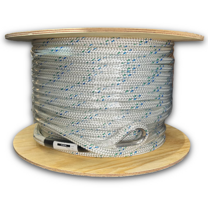 Orptech Polyester Pulling Rope on Drum Double Braid White with Blue Fleck - Spliced Galvanised Eye