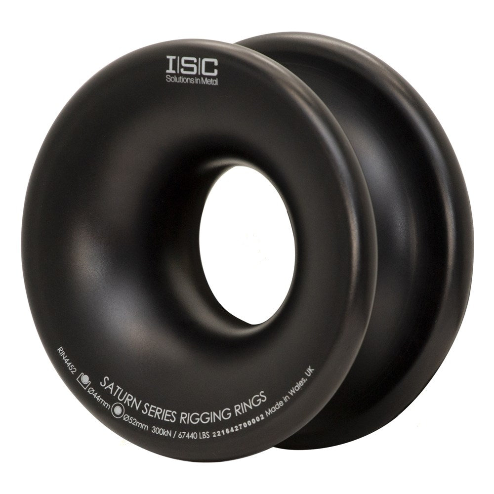 Black ISC Saturn Series Large Rigging Rings used to create single/multiple redirects, to tailor the friction in a rigging system