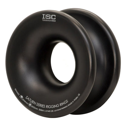 Black ISC Saturn Series Large Rigging Rings used to create single/multiple redirects, to tailor the friction in a rigging system