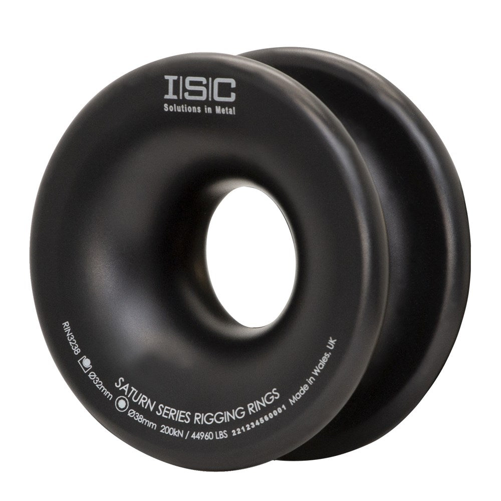 Black ISC Saturn Series Medium Rigging Rings used to create single/multiple redirects, to tailor the friction in a rigging system