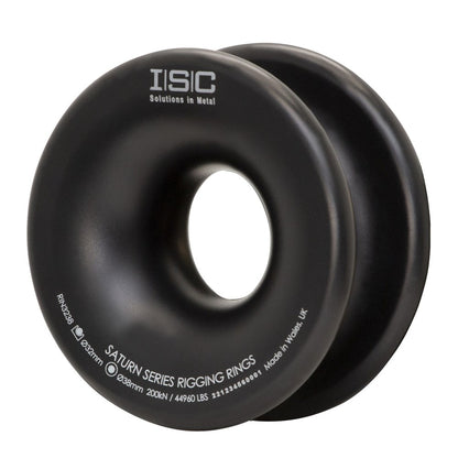 Black ISC Saturn Series Medium Rigging Rings used to create single/multiple redirects, to tailor the friction in a rigging system