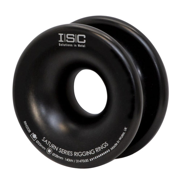 Black ISC Saturn Series Small Rigging Rings used to create single/multiple redirects, to tailor the friction in a rigging system