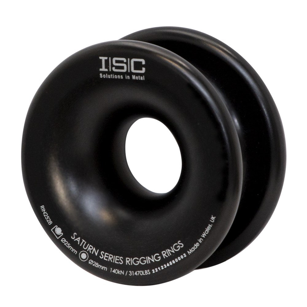 Black ISC Saturn Series Small Rigging Rings used to create single/multiple redirects, to tailor the friction in a rigging system