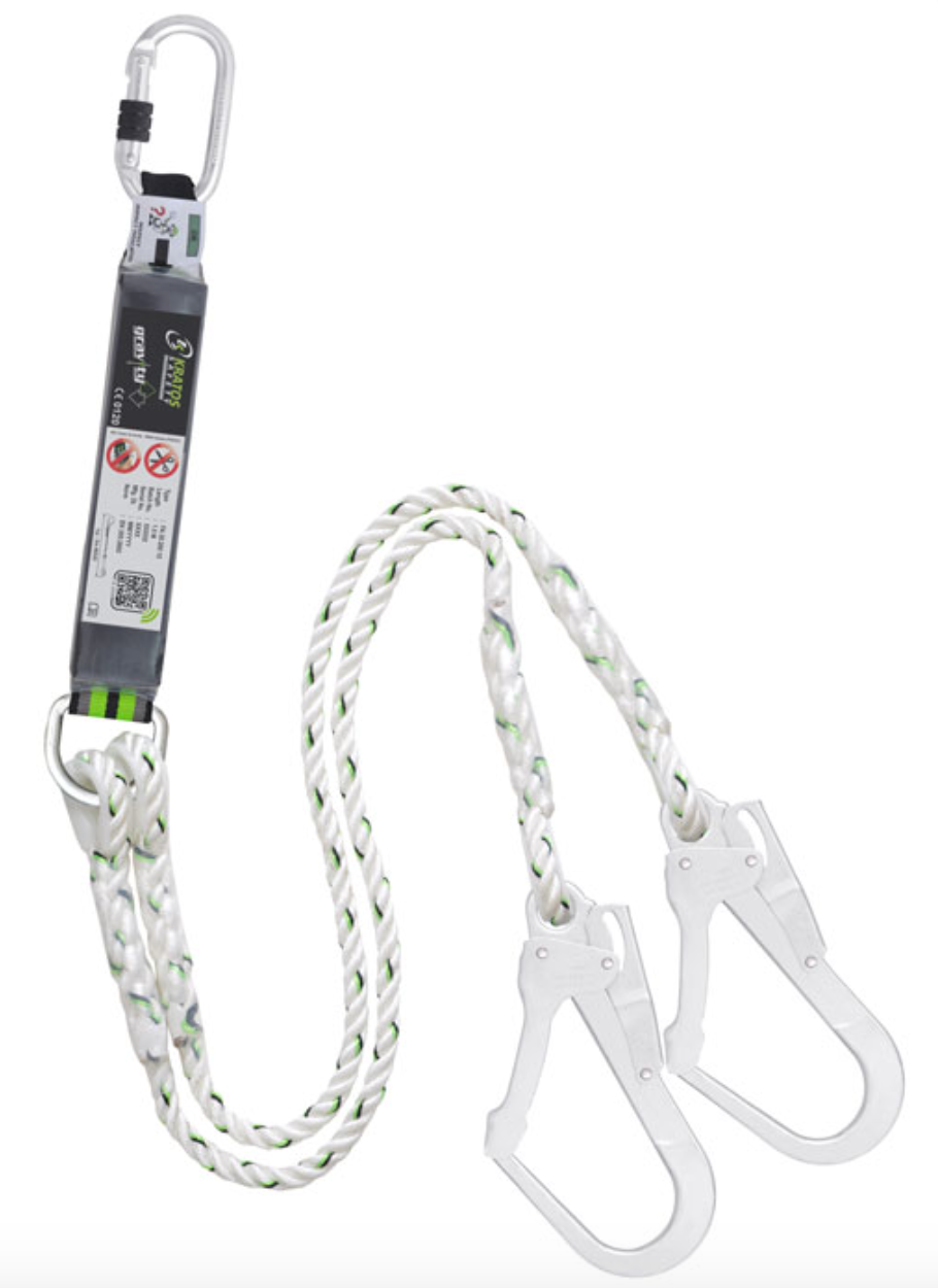 Kratos - Y Forked Shock Absorbing Twisted Rope Twin Lanyard with Scaff Hooks