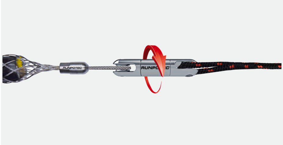 RUNPOTEC Connection Swirl with Swivel used to connect RUNPOTEC polyester pulling ropes with the cables to be pulled or the deployed pulling die and to ensure twist compensation. Photo showing suggested application of connection swivel.