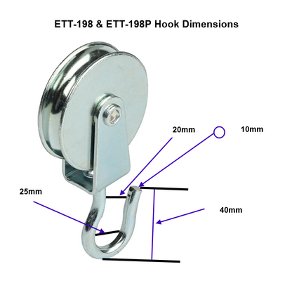 Labelled dimensions of rotating hook on Etter ETT-198 and ETT-198P pulleys