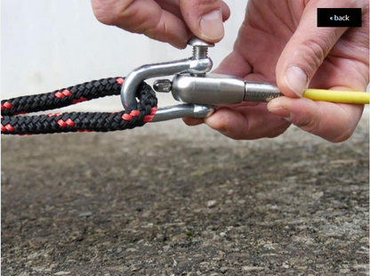 Shackle attached to eye of RUNPOTEC Red and Black 8mm Pulling Rope on reel