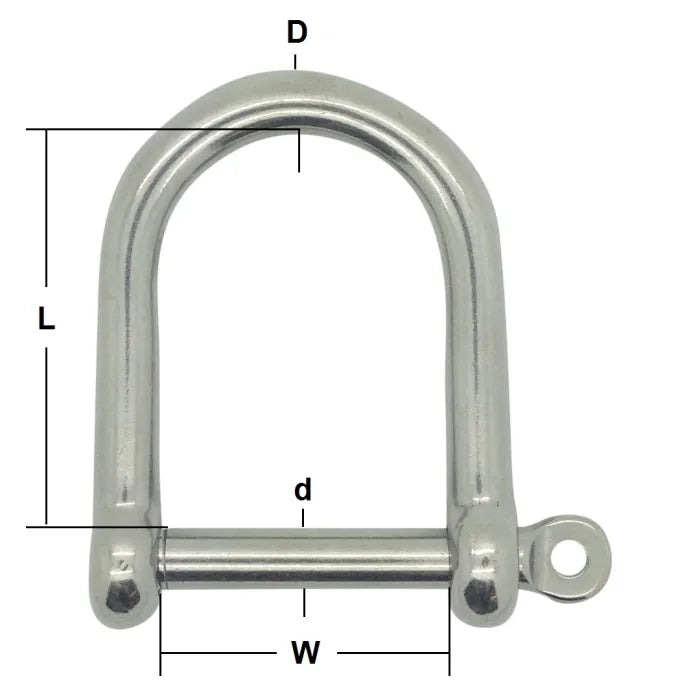 Stainless Steel AISI 316 Captive Pin Wide Jaw Dee Shackle main dimensions from RiggingUK