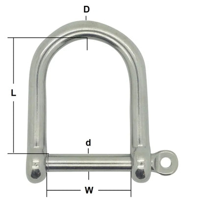 Stainless Steel AISI 316 Captive Pin Wide Jaw Dee Shackle main dimensions from RiggingUK