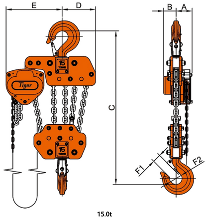 Technical drawing of a Tiger 15t PROCB Professional Chain block with labelled dimensions on a white background.
