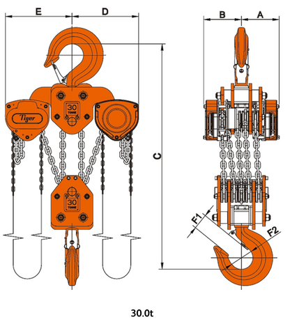 Technical Drawing of Tiger Professional Chain Block PROCB14, 30.0t Capacity