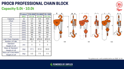 Technical specifications and diagrams of the Tiger PROCB professional chain block 5t-10t capacity