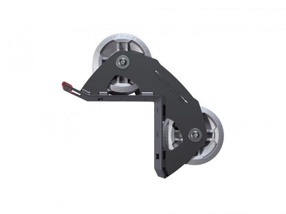 A 90 degree cable guide roller with a robust metal frame and heavy-duty aluminium rollers designed to pull cables gently around corners.