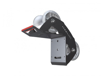 A 90 degree cable guide roller with a robust metal frame and heavy-duty aluminium rollers designed to pull cables gently around corners.