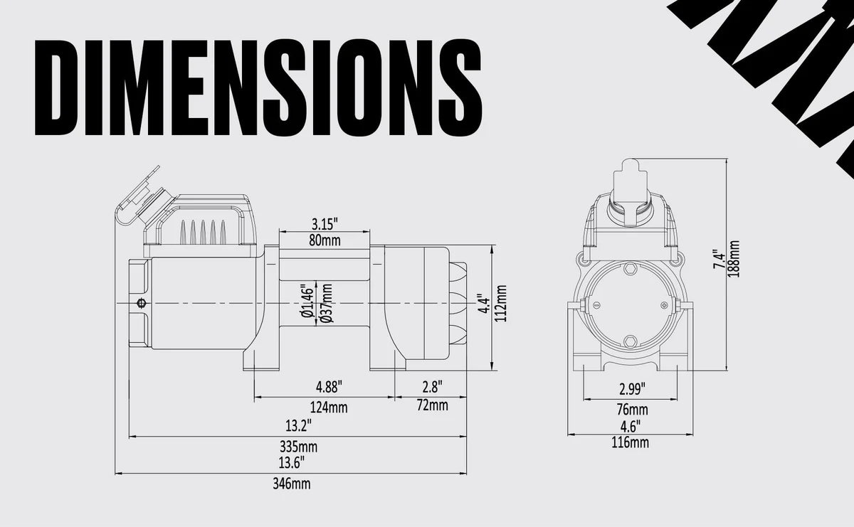 Ninja 3500 (1588kg) Electric Winch with Synthetic Rope Main Dimensions
