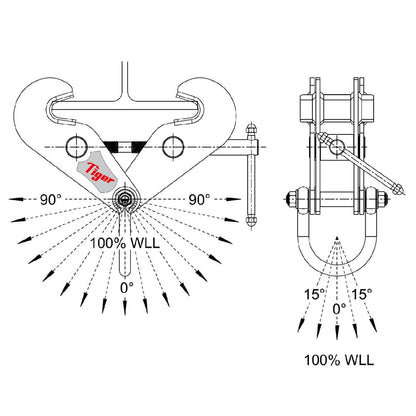 Technical Drawing of Orange Tiger Fixed Jaw Heavy Duty Beam Clamp with Shackle - Type BCF