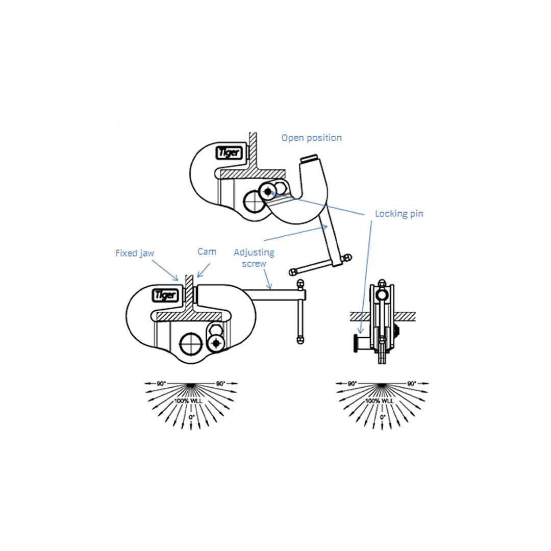 Technical drawing for Tiger Universal Beam Clamp Model No BCU