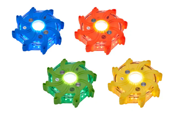 Pulsar Pro Rechargeable Hazard Warning Light by NightSearcher in blue, red green, and yellow