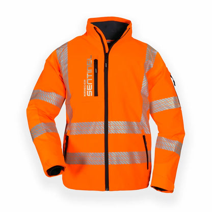 Orange safety jacket with reflective stripes on a white background