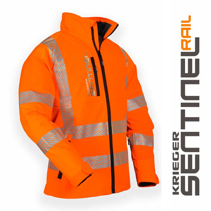 Orange safety jacket with reflective stripes on a white background, featuring the Krieger Sentinel brand.