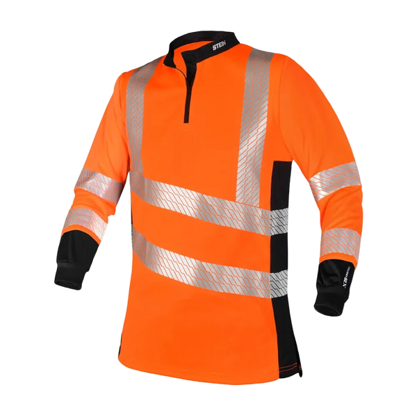 Orange safety shirt with reflective stripes on a white background