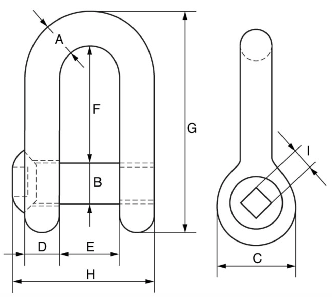 Green Pin Grade 6 Square Sunken Hole Dee Shackle