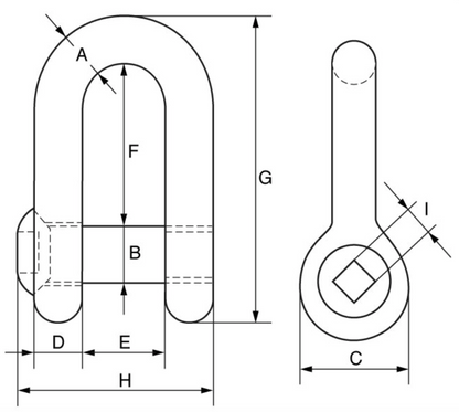 Green Pin Grade 6 Square Sunken Hole Dee Shackle