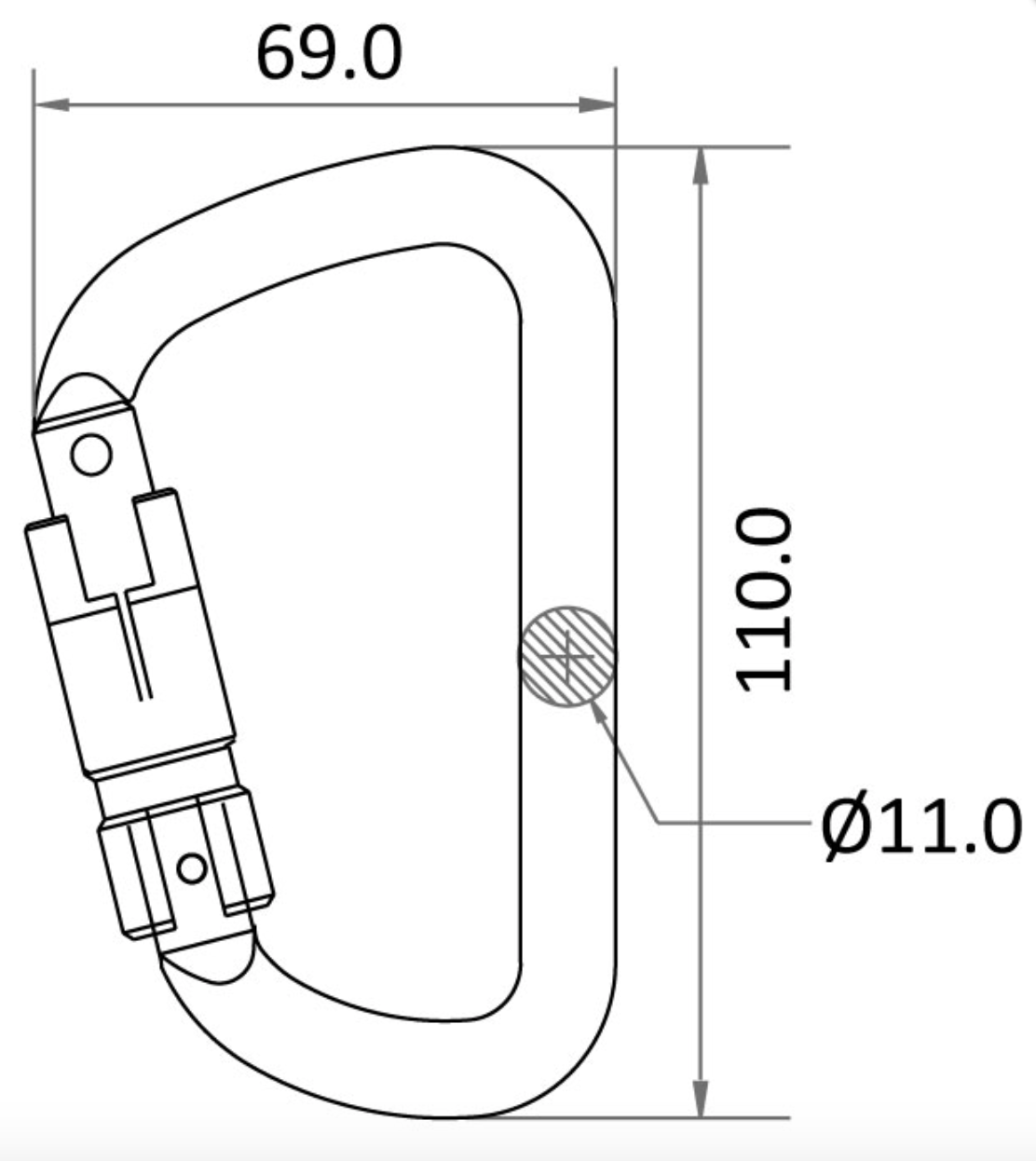 Dimensions for Aluminium Triple Action Locking Keylock Karabiner