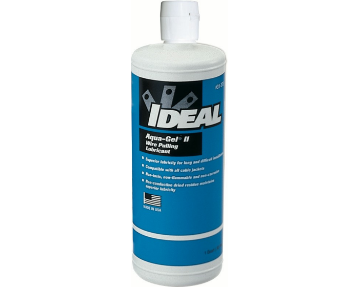 A 950ml bottle of IDEAL Aqua-Gel II wire pulling lubricant in clear blue color with a white cap.